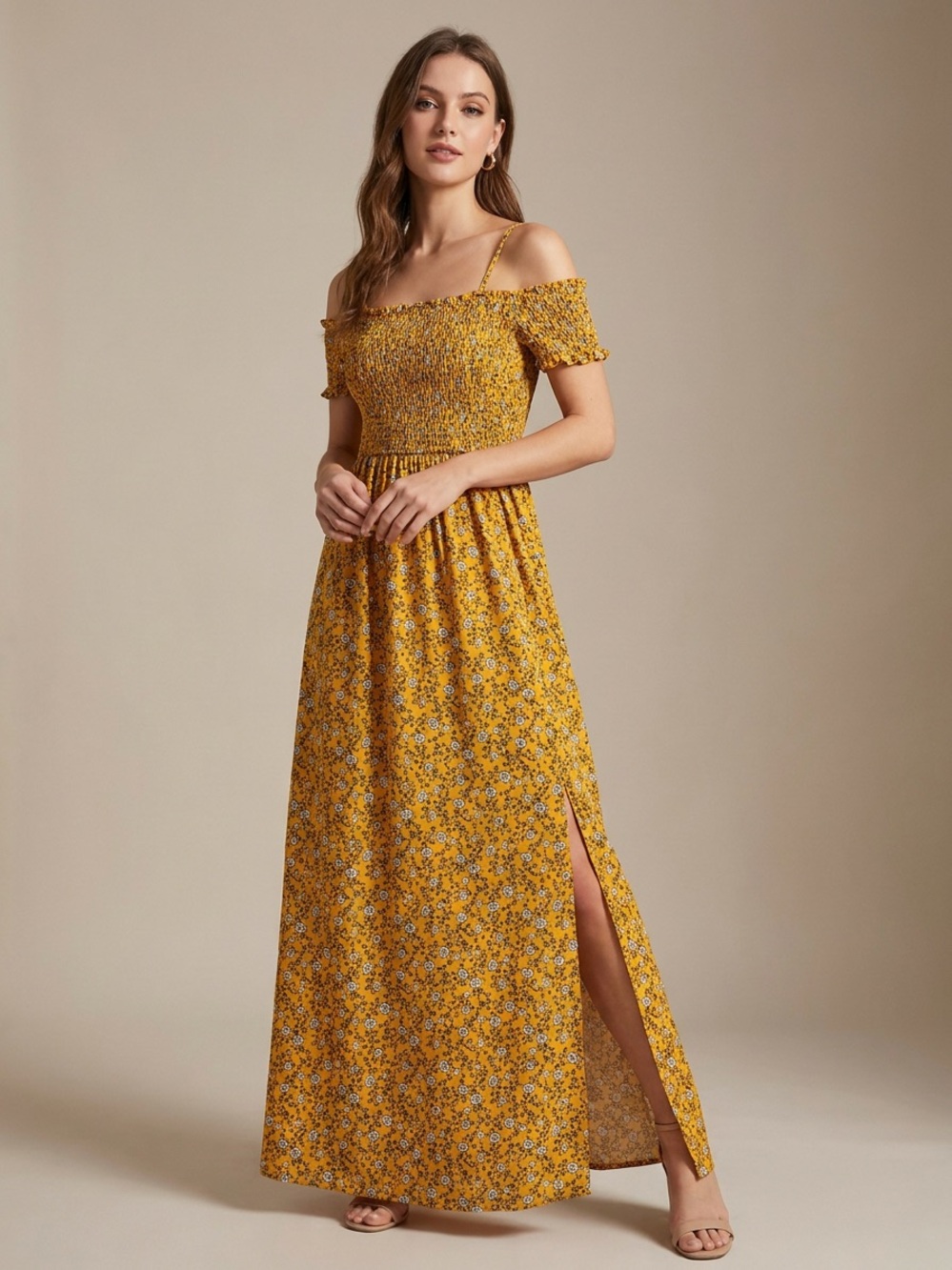 Magnolia Skye Mustard Floral Off Shoulder Maxi Dress L Boho Cottagecore